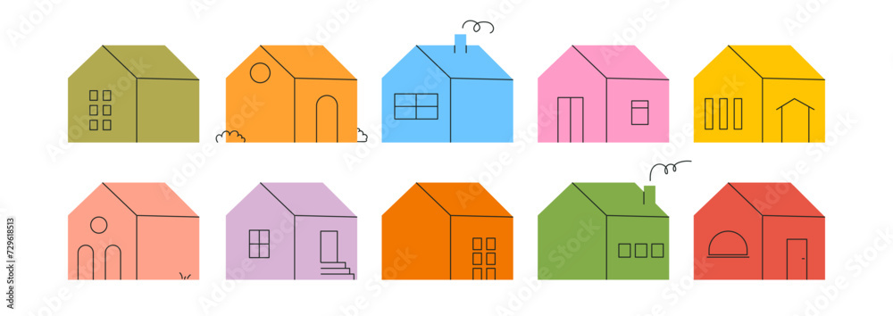 Set of simple house icons in bright color with simple black doodle lines. Contemporary trendy illustration. Vector kit of childrens pictures Set of simple house icons in bright color with simple black doodle lines. Contemporary trendy illustration. Vector kit of childrens pictures