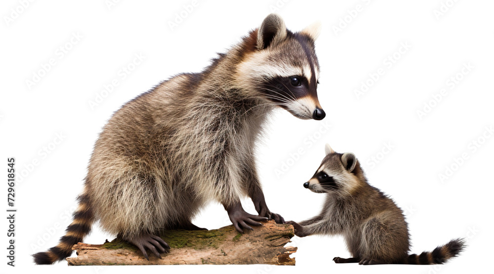 Raccoon plays with its cute baby raccoon, cut out