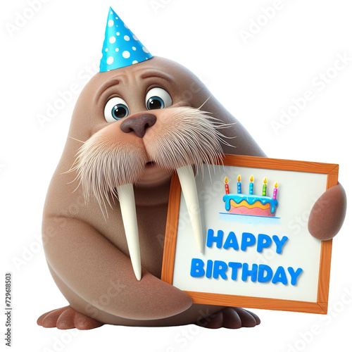 Cute Animal 3D Walrus Holding 'Happy Birthday' Board and Wearing Party Cap Cartoon: Isolated on Transparent Background - Clipart PNG Sticker Design	
 photo