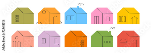 Set of simple house icons in bright color with simple black doodle lines. Contemporary trendy illustration. Vector kit of childrens pictures