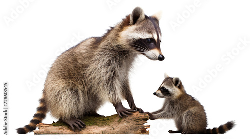Raccoon plays with its cute baby raccoon, cut out
