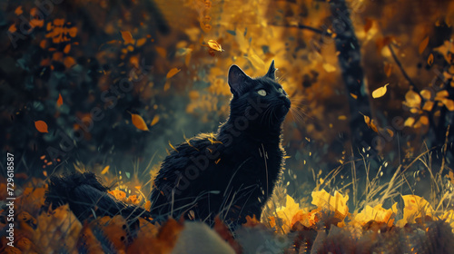 a black cat sitting in the middle of a field of yellow leaves and looking up at the sky with a curious look on it's face, in the foreground.