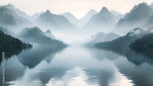 Tranquil meditative misty scenery of glacial lake with pointy fir tops reflection at early morning. Graphic EQ of spruce silhouettes on calm alpine lake horizon in mystery fog. Monochrome mountain 