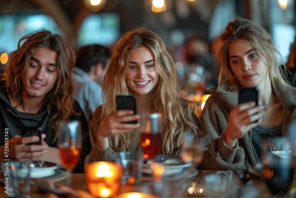Group of three friends using their smartphones in a restaurant while having lunch