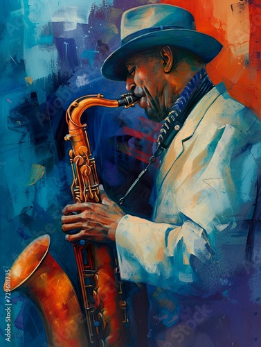 A vibrant painting of a man playing the saxophone