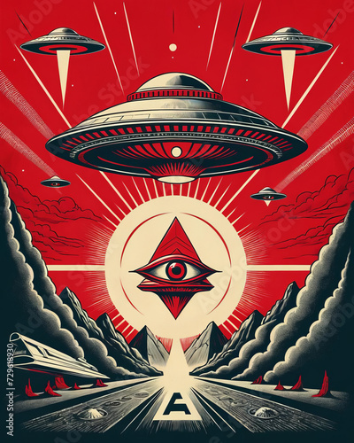 Cryptic Illuminati Scene - Retro-futuristic UFO, reptilian eye, and dystopian propaganda posters in dramatic crimson red Gen AI