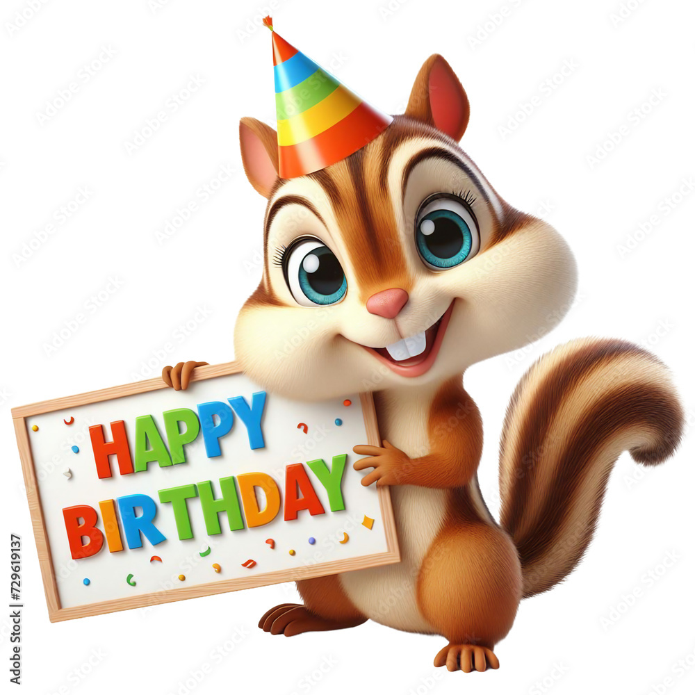 Cute Animal 3D Chipmunk Holding ‘Happy Birthday’ Board and Wearing