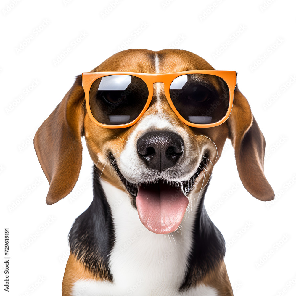 Summer Beach Ready: A Close-up of a Happy and Beautiful Beagle with Sunglasses, Isolated on Transparent Background, PNG