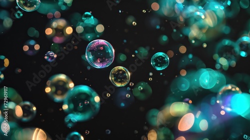  a group of bubbles floating on top of a dark blue and green liquid filled with lots of small white and blue bubbles on top of a dark blue and green background.