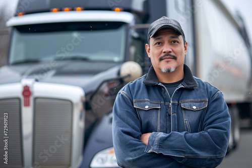 A truck driver standing in front of his truck