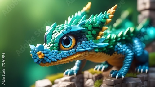 Voxel pixel art dragon. Cute little dragon with big eyes, from small cubes pixels, character in style of 3D pixel art, close-up, hyper detailed. 
