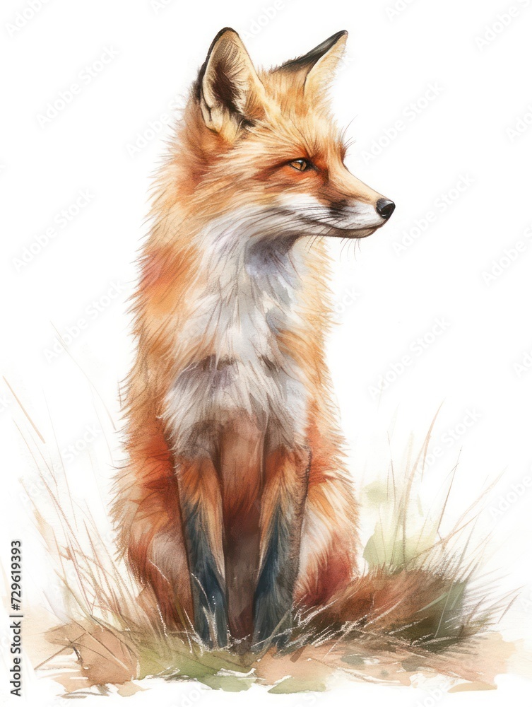 Naklejka premium colored pencil sketch of a cute fox, forest animal, isolated on a white background