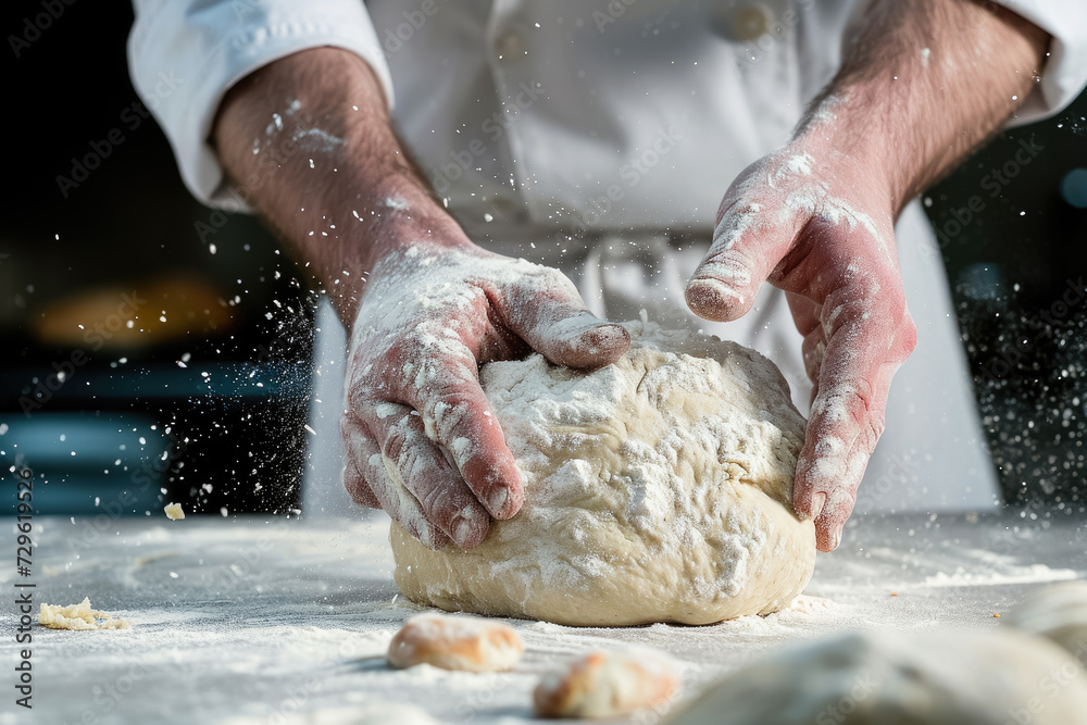chef kneading dough for fresh bread, with flour dusting his hands