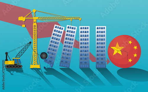 Economic crisis in the real estate market in China, flag of China New buildings being destroyed by the wracking ball. 