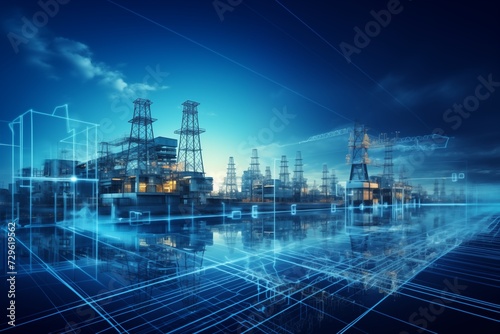 Double exposure of oil refinery and factory with world map on blue background. Ai Generated.