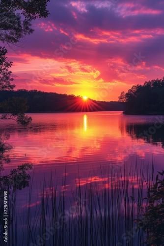 Warm oranges, pinks, and purples reflect the serene beauty of a tranquil lake at sunset