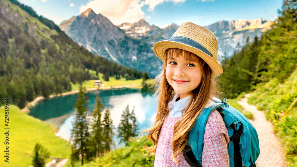 Kind beim Wandern im Hintergrund ein Bergpanorama 