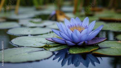  a purple water lily sitting on top of a lily pad in a pond with lily pads on the side of the pond and water lillies in the foreground.