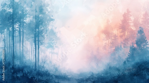 Soft, pastel hues blend seamlessly, evoking a dreamy forest scene painted with delicate watercolors
