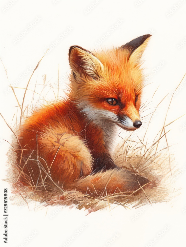 Fototapeta premium colored pencil sketch of a cute fox, forest animal, isolated on a white background