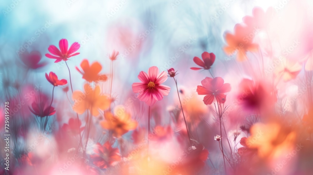  a bunch of flowers that are sitting in the grass on a sunny day with a blue sky in the background and some pink and yellow flowers in the foreground.