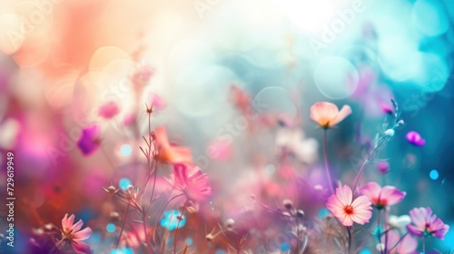  a close up of a field of flowers with a blue sky in the background and a pink and purple flower in the foreground with a blue sky in the background.