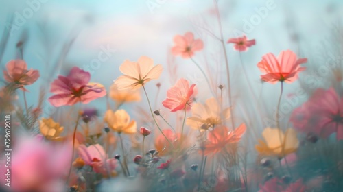 a close up of a field of flowers with a blue sky in the background and a blurry image of pink and yellow flowers in the middle of the foreground.