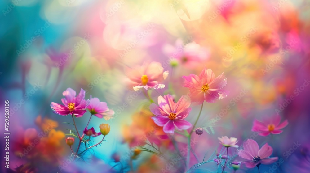  a close up of a bunch of flowers in a field with a blurry background of flowers in the foreground and a blurry background of flowers in the foreground.