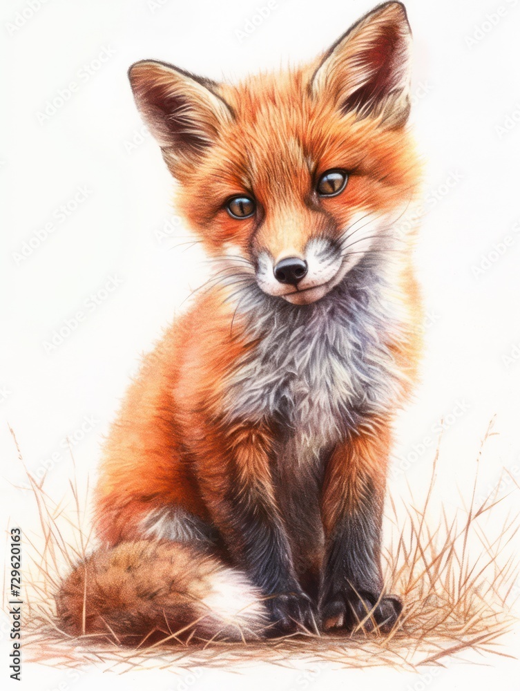 Obraz premium Colored pencil illustration featuring a lovable a fox, with a white background for isolation.