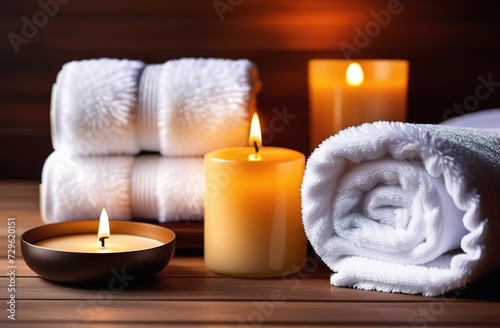 spa still life with candles, towels, stones and orchid