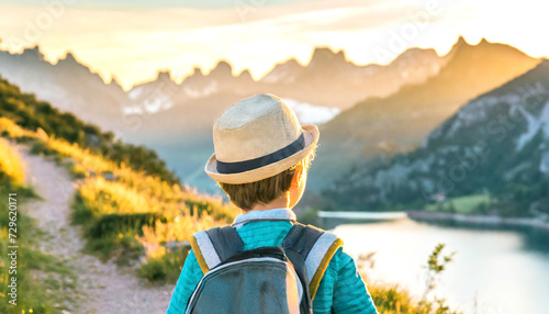 Kind beim Wandern im Hintergrund ein Bergpanorama  photo