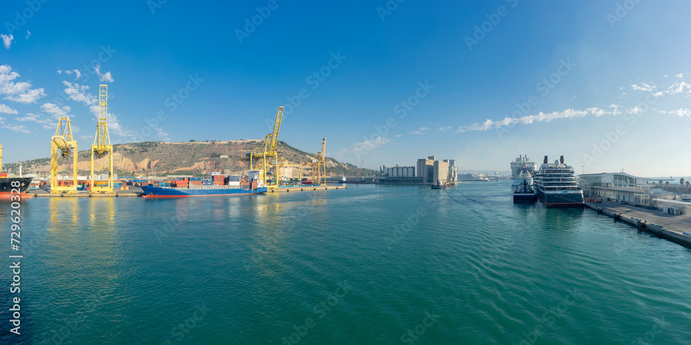 Bustling Port Scene with Cargo Cranes, Containers, and a Docked Cruise Ship
