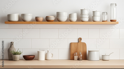 Nordic interior design of kitchen, minimalistic and bright design in brown pastel tones with gray and white bowls, tiled wall