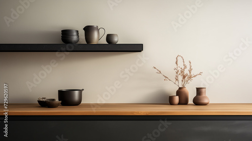 Nordic interior design of living room, minimalistic and bright design in brown pastel tones and black bowls