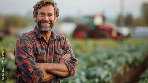 farmer in a vegetable field, background a tractor, copy space