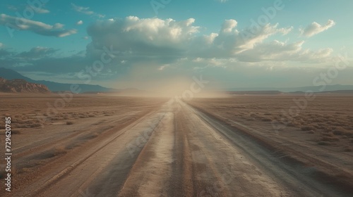 Dirt road through a desert on a cloudy day