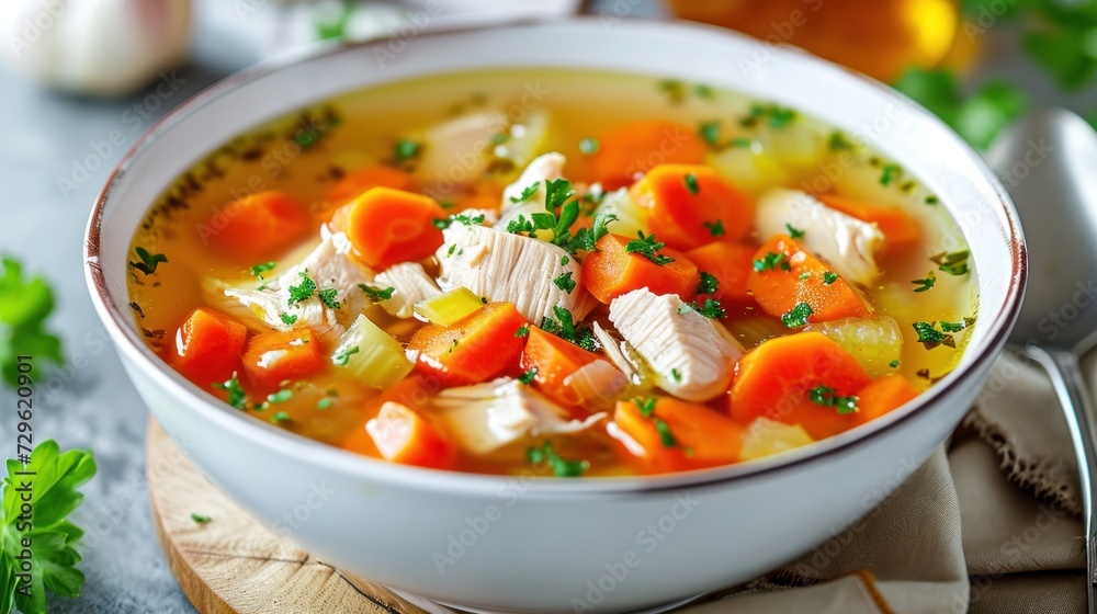 a bowl of chicken soup with carrots and parsley in a white bowl on a wooden board with a spoon and parsley on the side of the bowl. a bowl of chicken soup with carrots and parsley in a white bowl on a wooden board with a spoon and parsley on the side of the bowl.