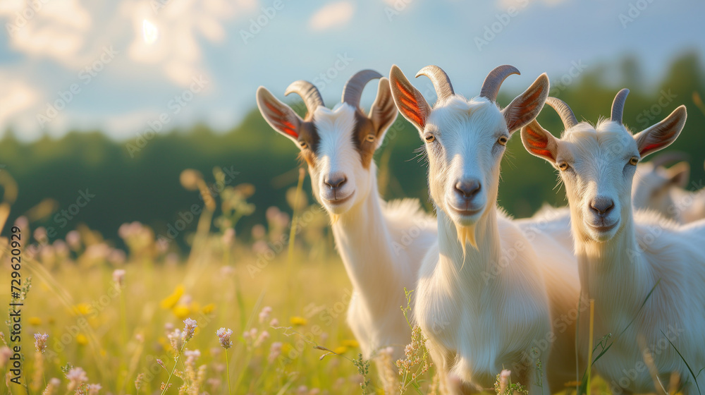 A goat family looks straight into the camera against the backdrop of a summer meadow A goat family looks straight into the camera against the backdrop of a summer meadow