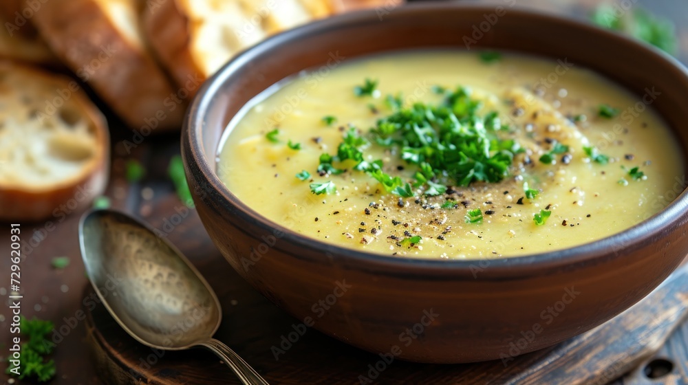  a close up of a bowl of soup on a table with bread and a spoon on the side of the bowl and a spoon to the side of the bowl.