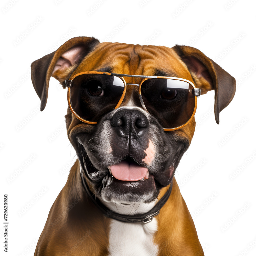 A happy Boxer dog with sunglasses, beautifully ready for the summer beach in close up, Isolated on Transparent Background, PNG