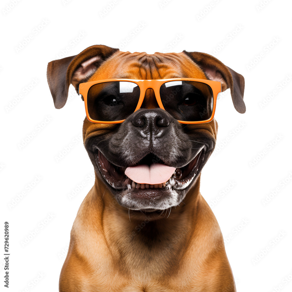 Summer beach ready, beautiful Boxer dog with sunglasses in a happy close up, Isolated on Transparent Background, PNG Summer beach ready, beautiful Boxer dog with sunglasses in a happy close up, Isolated on Transparent Background, PNG
