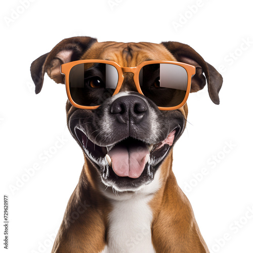 In close up, a happy and beautiful Boxer dog with sunglasses ready for the summer beach, Isolated on Transparent Background, PNG