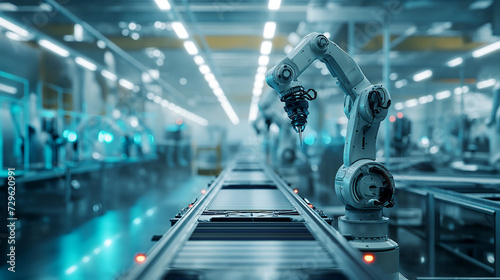 Futuristic Industrial Revolution: Automated Robotic Arm in Operation at a Smart Factory Production Line