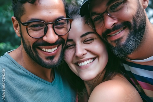 Polyamorous people, Smiling young woman living in a Polyamorous relationship with two men