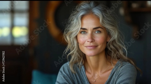 Woman in her 40s with smooth skin and natural gray hair