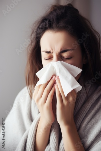 sick woman struggling with runny nose due to flu or allergies
