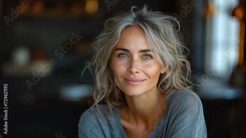 Woman in her 40s with smooth skin and natural gray hair photo