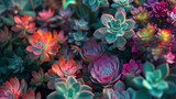  a bunch of colorful succulents that are growing in a garden of green, pink, and purple flowers with a black background of blue, red, yellow, pink, and green, and orange.