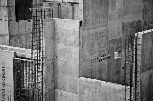 A complex series of concrete walls in black and white. Great background for construction, structure, structural, engineering, or industrial work.