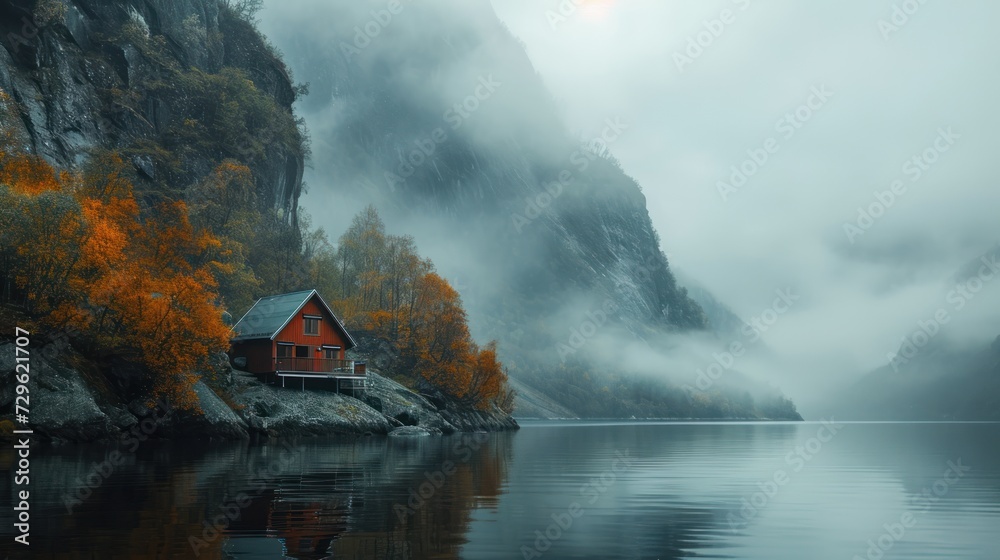  a red house sitting on top of a mountain next to a body of water with trees in the foreground and a mountain in the background with fog in the foreground.